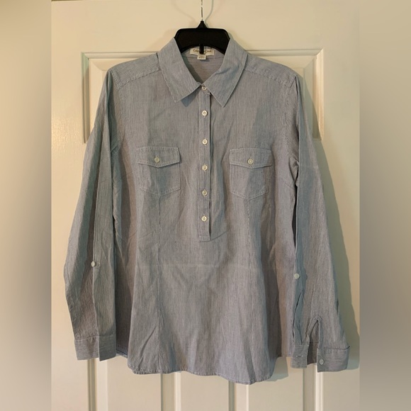 Coldwater Creek shaped blue/white striped button down shirt - women’s size M - Picture 1 of 1
